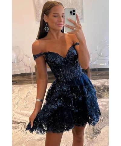 Tiered Lace Sequin Homecoming Dresses for Teens 2024 Off Shoulder Ruffle Prom Dress Sparkly Mini Cocktail Gown Navy Blue $46....