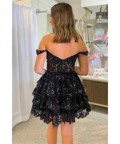 Tiered Lace Sequin Homecoming Dresses for Teens 2024 Off Shoulder Ruffle Prom Dress Sparkly Mini Cocktail Gown Navy Blue $46....