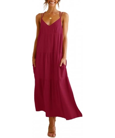 Women’s Summer Maxi Dress Casaul Spaghetti Straps Solid V-Neck Backless Cami Dresses with Two Pockets Red $17.16 Dresses