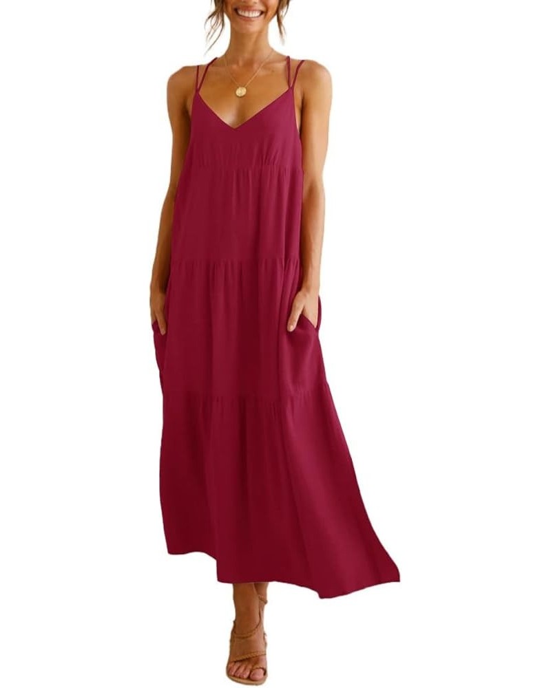 Women’s Summer Maxi Dress Casaul Spaghetti Straps Solid V-Neck Backless Cami Dresses with Two Pockets Red $17.16 Dresses