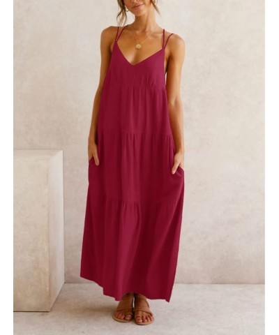 Women’s Summer Maxi Dress Casaul Spaghetti Straps Solid V-Neck Backless Cami Dresses with Two Pockets Red $17.16 Dresses