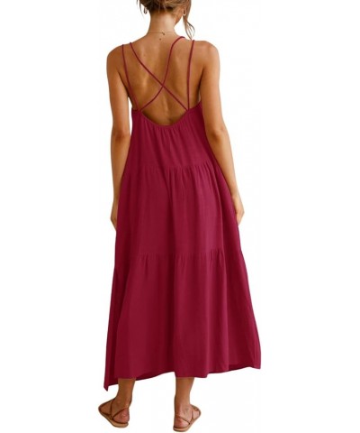 Women’s Summer Maxi Dress Casaul Spaghetti Straps Solid V-Neck Backless Cami Dresses with Two Pockets Red $17.16 Dresses