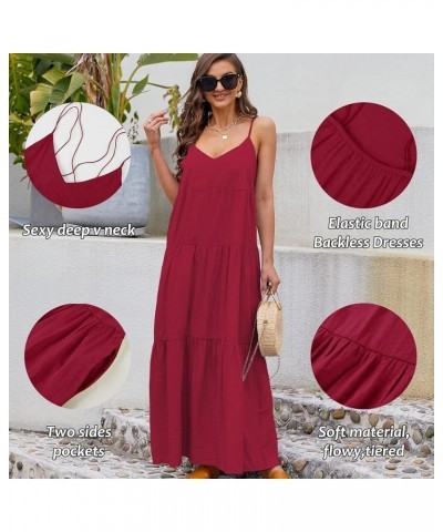 Women’s Summer Maxi Dress Casaul Spaghetti Straps Solid V-Neck Backless Cami Dresses with Two Pockets Red $17.16 Dresses