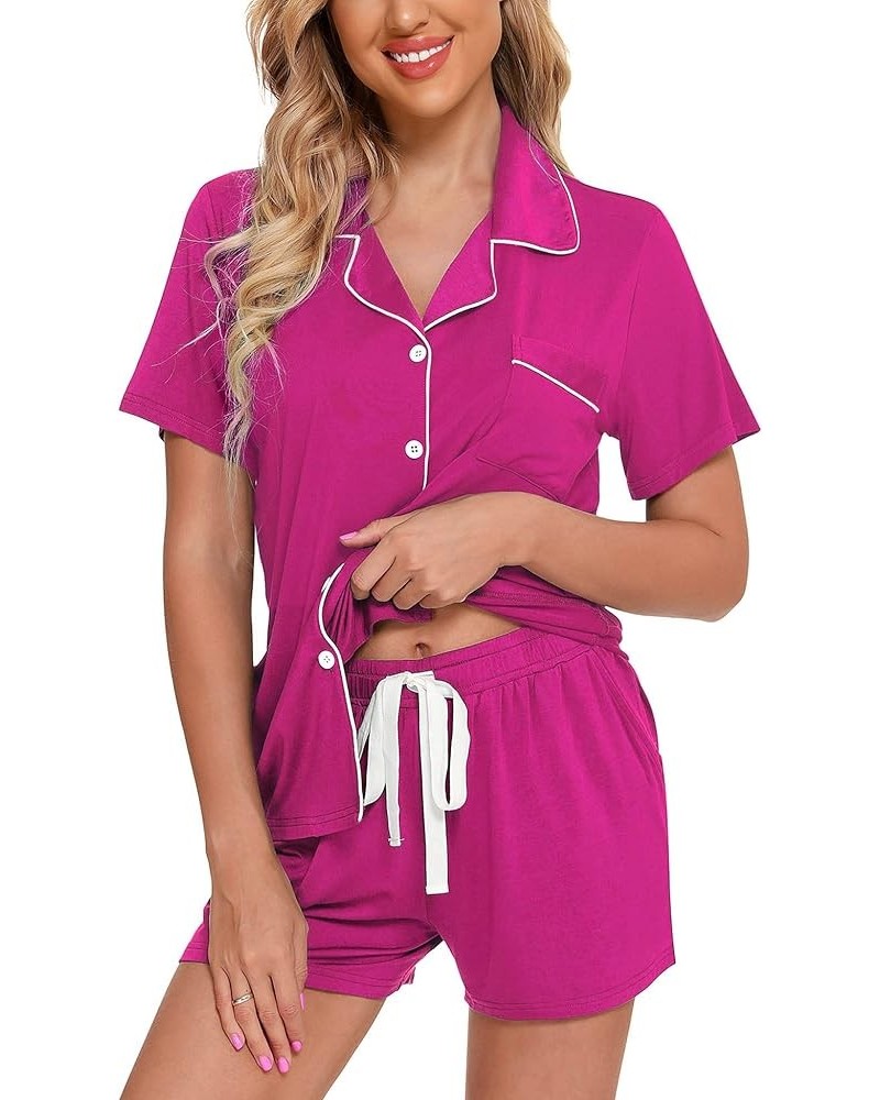 Pajamas Set For Women Short Sleeve Sleepwear Soft Button Down Pjs Set Nightwear Lounge Sets S-XXL B - Rose Red(with Shorts Po...