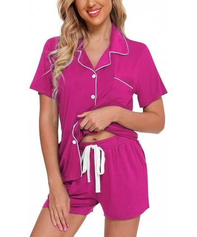 Pajamas Set For Women Short Sleeve Sleepwear Soft Button Down Pjs Set Nightwear Lounge Sets S-XXL B - Rose Red(with Shorts Po...