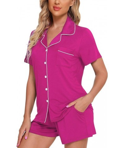 Pajamas Set For Women Short Sleeve Sleepwear Soft Button Down Pjs Set Nightwear Lounge Sets S-XXL B - Rose Red(with Shorts Po...