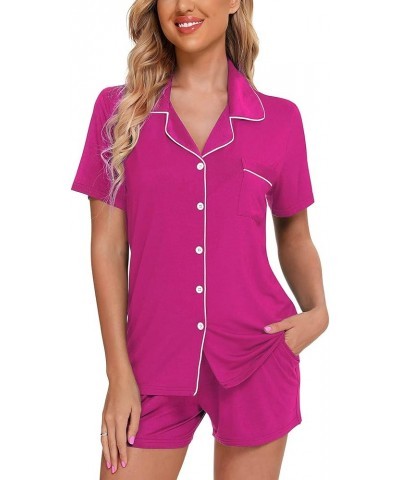 Pajamas Set For Women Short Sleeve Sleepwear Soft Button Down Pjs Set Nightwear Lounge Sets S-XXL B - Rose Red(with Shorts Po...