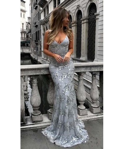 Women's Spaghetti Strap Sequin Mermaid Prom Dresses Long Open Back Formal Evening Gowns Navy Blue $40.95 Dresses