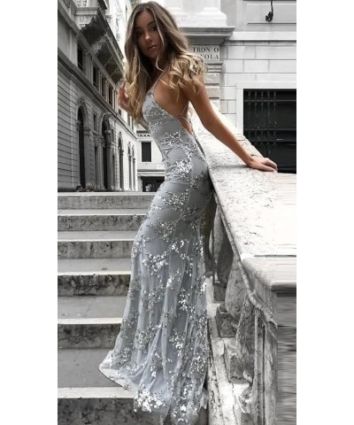 Women's Spaghetti Strap Sequin Mermaid Prom Dresses Long Open Back Formal Evening Gowns Navy Blue $40.95 Dresses