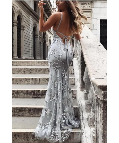 Women's Spaghetti Strap Sequin Mermaid Prom Dresses Long Open Back Formal Evening Gowns Navy Blue $40.95 Dresses