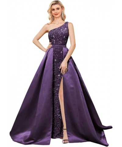 One Shoulder Sequin Prom Dress 2024 for Women with Detachable Train Long Satin Formal Dresses Sparkly Ball Gowns with Cape Gr...