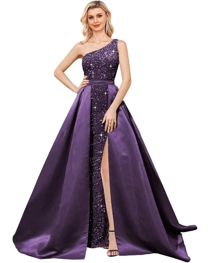 One Shoulder Sequin Prom Dress 2024 for Women with Detachable Train Long Satin Formal Dresses Sparkly Ball Gowns with Cape Gr...