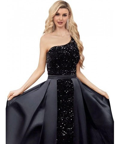 One Shoulder Sequin Prom Dress 2024 for Women with Detachable Train Long Satin Formal Dresses Sparkly Ball Gowns with Cape Gr...