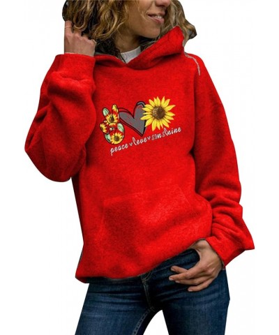 Womens Peace Love Sunshine Hoodies Cute Graphic Casual Long Sleeve Pullover Sweatshirts with Pockets Red $12.74 Hoodies & Swe...