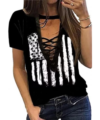 Camouflage American Flag Lace Up Blouse Women 4th of July Flag Short Sleeve USA Patriotic Printed Shirt Tops Casual Shirt Bla...