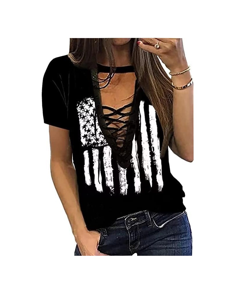 Camouflage American Flag Lace Up Blouse Women 4th of July Flag Short Sleeve USA Patriotic Printed Shirt Tops Casual Shirt Bla...