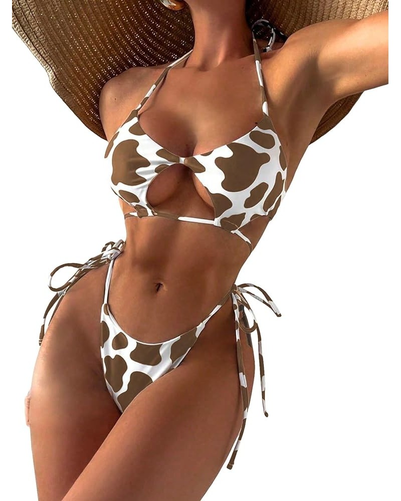 Women's Cut Out Cow Print 2 Piece Halter Swimsuit High Cut Side Tie Bikinis Brown and White $13.64 Swimsuits