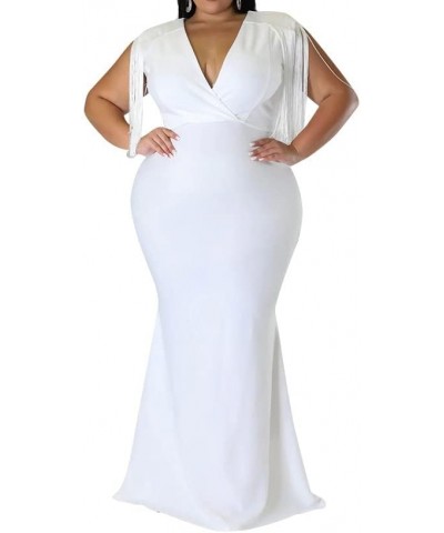 Women's Elegant V Neck Tassels Plus Size Fishtail Floor-Length Bodycon Evening Maxi Dress Formal Party Dress White $19.60 Dre...