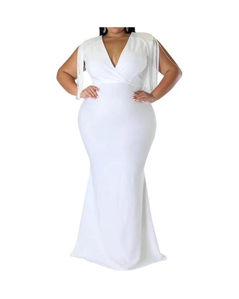 Women's Elegant V Neck Tassels Plus Size Fishtail Floor-Length Bodycon Evening Maxi Dress Formal Party Dress White $19.60 Dre...