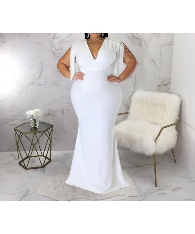 Women's Elegant V Neck Tassels Plus Size Fishtail Floor-Length Bodycon Evening Maxi Dress Formal Party Dress White $19.60 Dre...