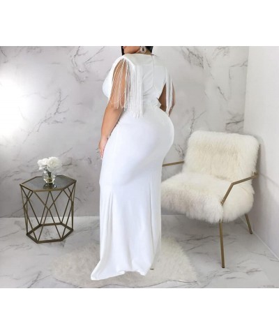 Women's Elegant V Neck Tassels Plus Size Fishtail Floor-Length Bodycon Evening Maxi Dress Formal Party Dress White $19.60 Dre...