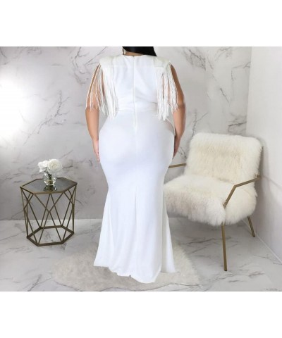 Women's Elegant V Neck Tassels Plus Size Fishtail Floor-Length Bodycon Evening Maxi Dress Formal Party Dress White $19.60 Dre...