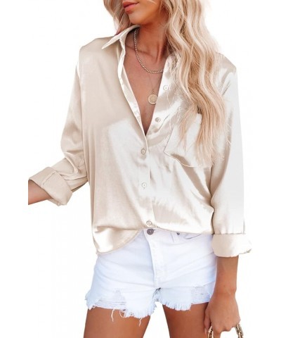 Womens Satin Tops Button Down Shirts Solid Collared Casual Blouse Long Sleeve Dressy Shirt with Bust Pocket Beige $11.01 Blouses