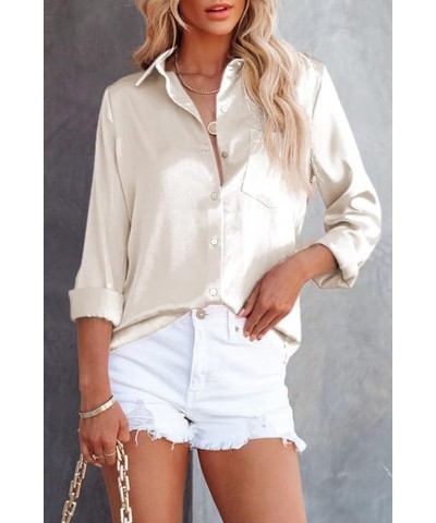 Womens Satin Tops Button Down Shirts Solid Collared Casual Blouse Long Sleeve Dressy Shirt with Bust Pocket Beige $11.01 Blouses