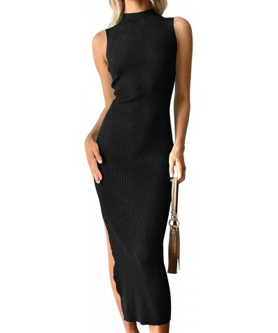 Women's 2024 Summer Knitted Sweater Dress Sleeveless Mock Neck Ribbed Side Slit Bodycon Tank Midi Dresses Black $24.00 Dresses