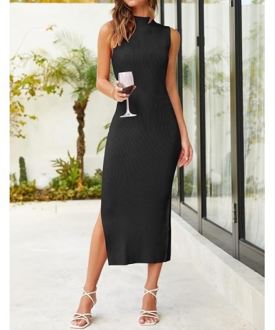 Women's 2024 Summer Knitted Sweater Dress Sleeveless Mock Neck Ribbed Side Slit Bodycon Tank Midi Dresses Black $24.00 Dresses