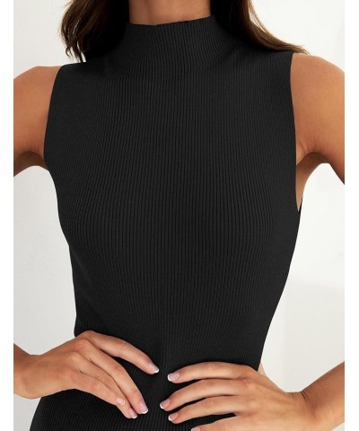 Women's 2024 Summer Knitted Sweater Dress Sleeveless Mock Neck Ribbed Side Slit Bodycon Tank Midi Dresses Black $24.00 Dresses