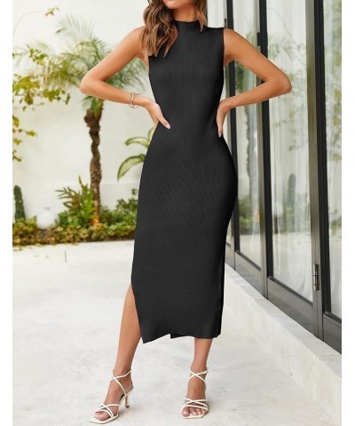 Women's 2024 Summer Knitted Sweater Dress Sleeveless Mock Neck Ribbed Side Slit Bodycon Tank Midi Dresses Black $24.00 Dresses