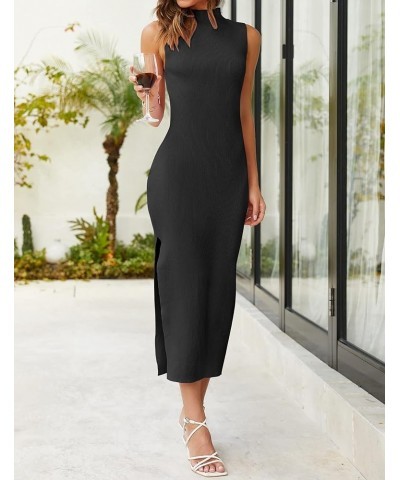 Women's 2024 Summer Knitted Sweater Dress Sleeveless Mock Neck Ribbed Side Slit Bodycon Tank Midi Dresses Black $24.00 Dresses