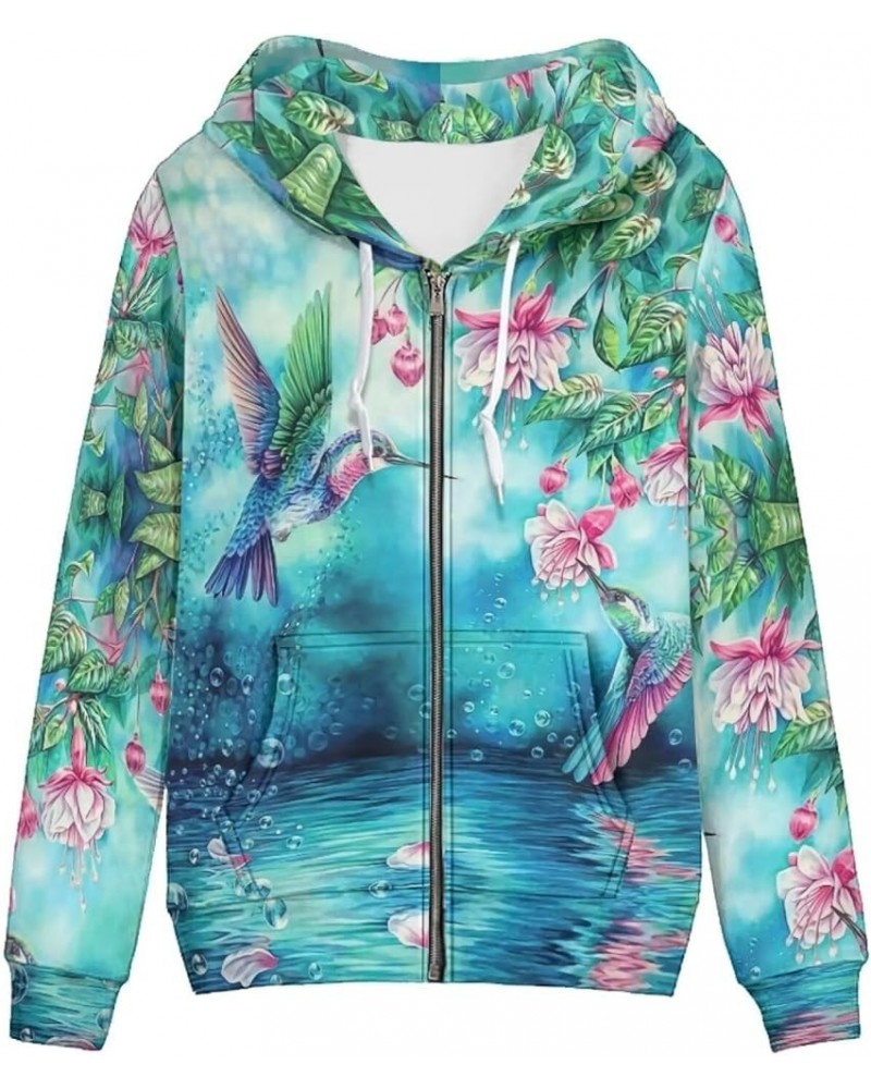 Cute Jacket Women Zip Up Hoodie XS-5XL Fashion Hoodies & Sweatshirts Teens Hooded Pullover Tops Flower Hummingbird $22.50 Hoo...