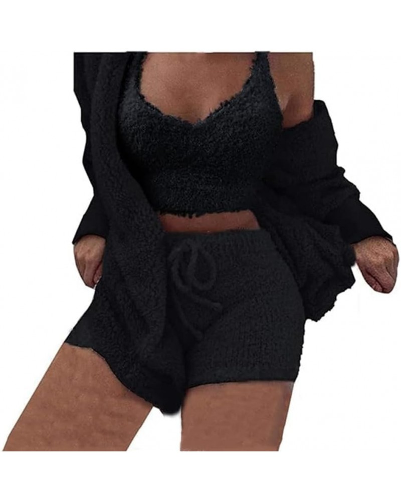 Sherpa Hooded Cardigan Outwear Crop Tops Shorts Nightwear Set, Women Sexy Warm Fuzzy 3 Piece Outfits Pajamas Vest Same Color ...