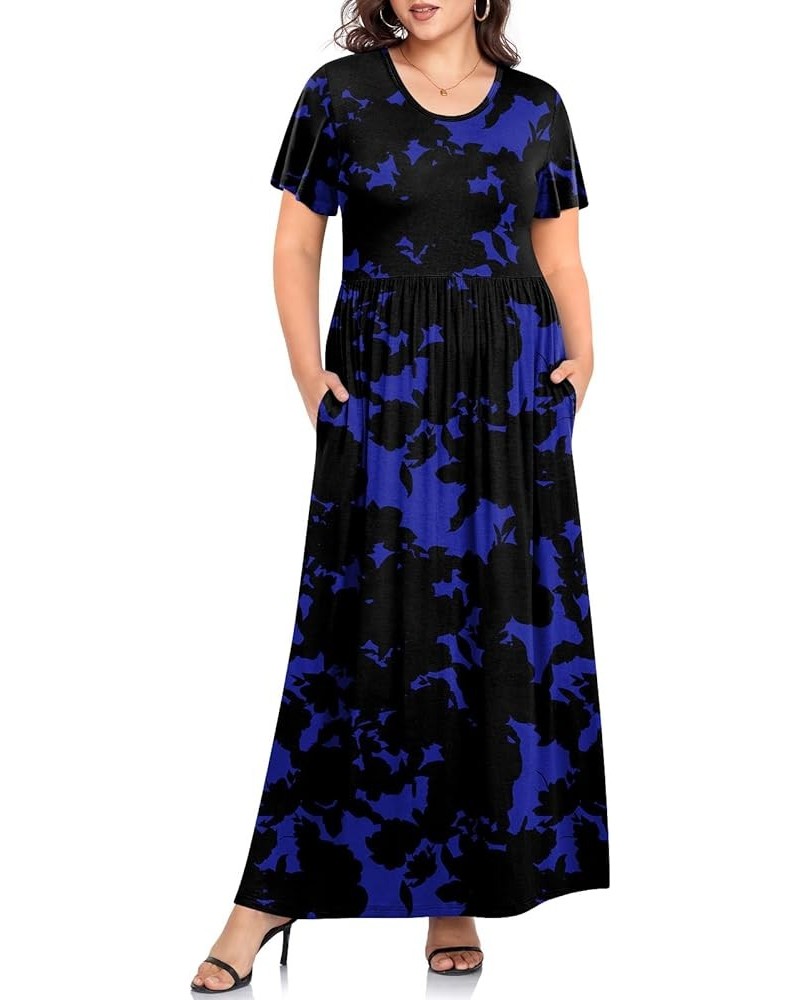 Women's Summer Plus Size Dresses Crewneck Ruffle Short Sleeve Casual Maxi Dress with Pockets 1-blue Print $18.00 Dresses