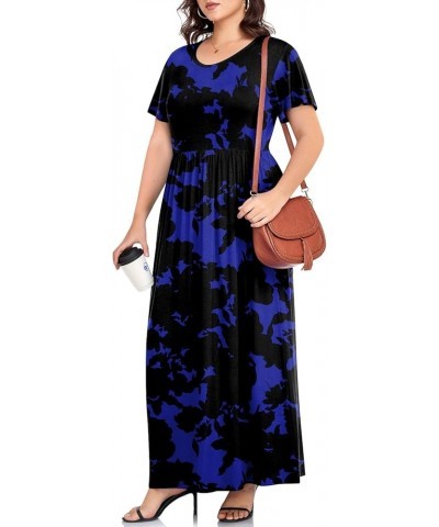 Women's Summer Plus Size Dresses Crewneck Ruffle Short Sleeve Casual Maxi Dress with Pockets 1-blue Print $18.00 Dresses