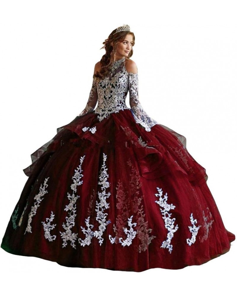 Women's Off Shoulder Quinceanera Dresses Lace Appliques Long Sleeve Prom Ball Gown Deep Red $61.74 Dresses