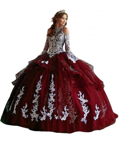 Women's Off Shoulder Quinceanera Dresses Lace Appliques Long Sleeve Prom Ball Gown Deep Red $61.74 Dresses