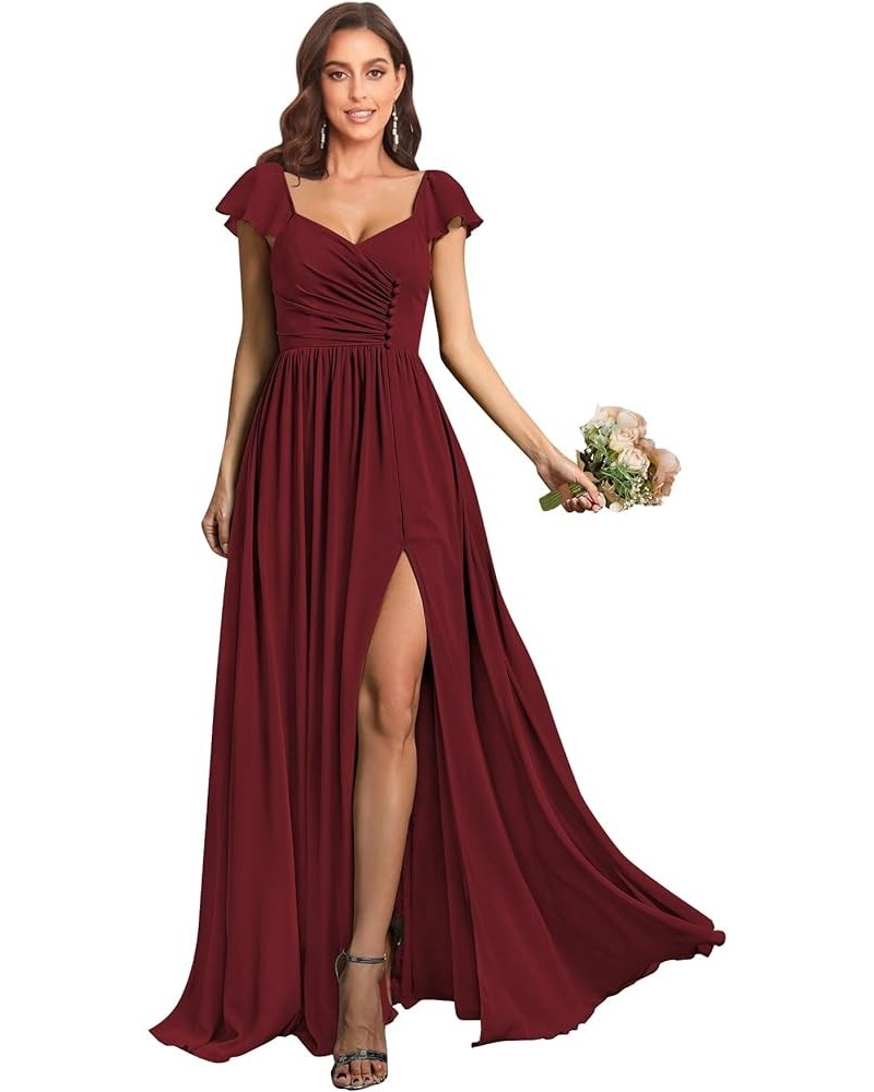 Women's Ruffle Sleeve Bridesmaid Dresses with Pockets Long Button Pleated Formal Dress with Slit YG293 Burgundy $25.30 Dresses