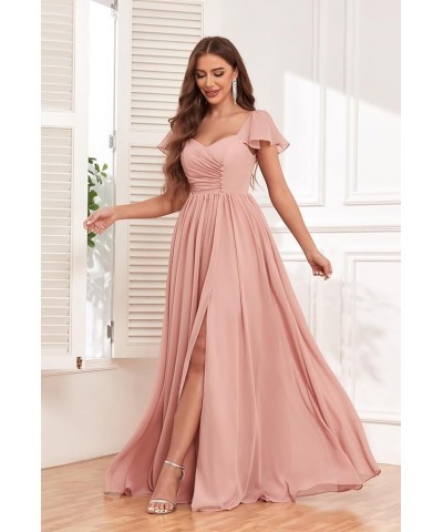 Women's Ruffle Sleeve Bridesmaid Dresses with Pockets Long Button Pleated Formal Dress with Slit YG293 Burgundy $25.30 Dresses