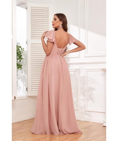 Women's Ruffle Sleeve Bridesmaid Dresses with Pockets Long Button Pleated Formal Dress with Slit YG293 Burgundy $25.30 Dresses