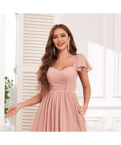 Women's Ruffle Sleeve Bridesmaid Dresses with Pockets Long Button Pleated Formal Dress with Slit YG293 Burgundy $25.30 Dresses