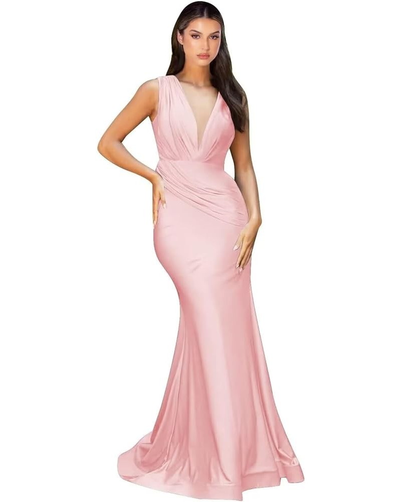 Satin Bridesmaid Dresses Mermaid V Neck Formal Dresses Ruched Wedding Evening Gowns Pink $34.83 Dresses