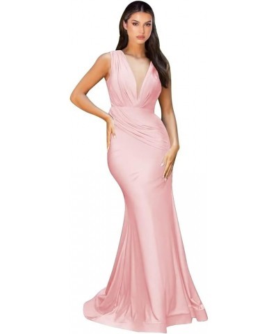 Satin Bridesmaid Dresses Mermaid V Neck Formal Dresses Ruched Wedding Evening Gowns Pink $34.83 Dresses