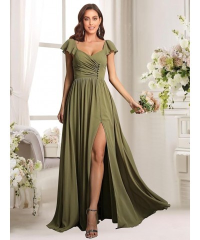 Women's Ruffle Sleeve Bridesmaid Dresses with Pockets Long Button Pleated Formal Dress with Slit YG293 Burgundy $25.30 Dresses