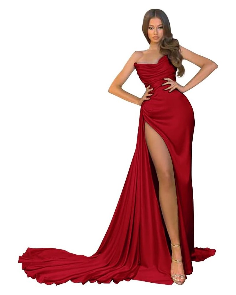 Women's Strapless Mermaid Prom Dresses Long 2023 High Split Formal Evening Party Gowns Wine Red $38.24 Dresses