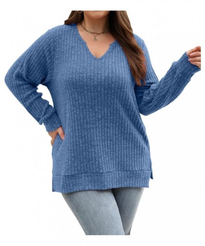 Womens Fall Fashion 2023 Plus Size Tops Long Sleeve V Neck Lightweight Sweaters Loose Casual Tunic Tops L-4XL Blue $10.00 Tops