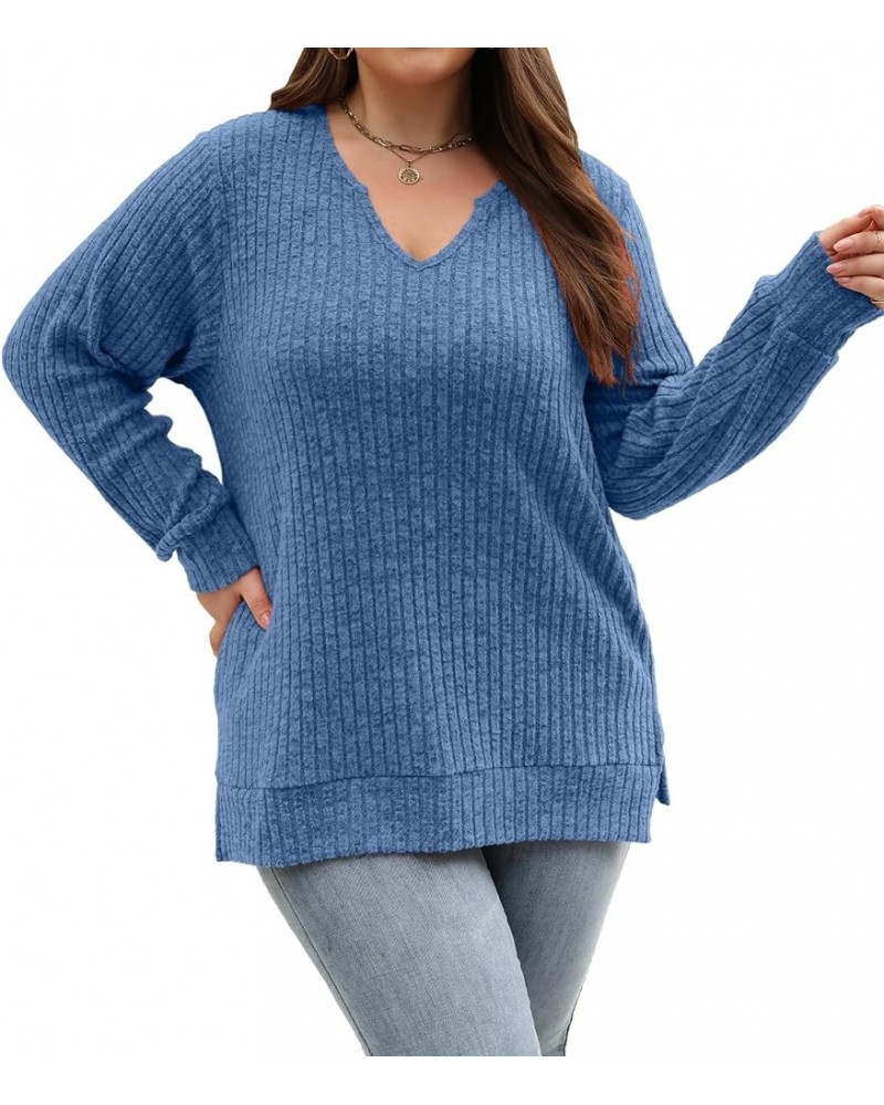 Womens Fall Fashion 2023 Plus Size Tops Long Sleeve V Neck Lightweight Sweaters Loose Casual Tunic Tops L-4XL Blue $10.00 Tops