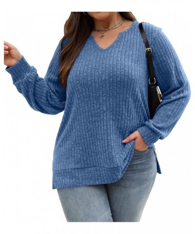 Womens Fall Fashion 2023 Plus Size Tops Long Sleeve V Neck Lightweight Sweaters Loose Casual Tunic Tops L-4XL Blue $10.00 Tops